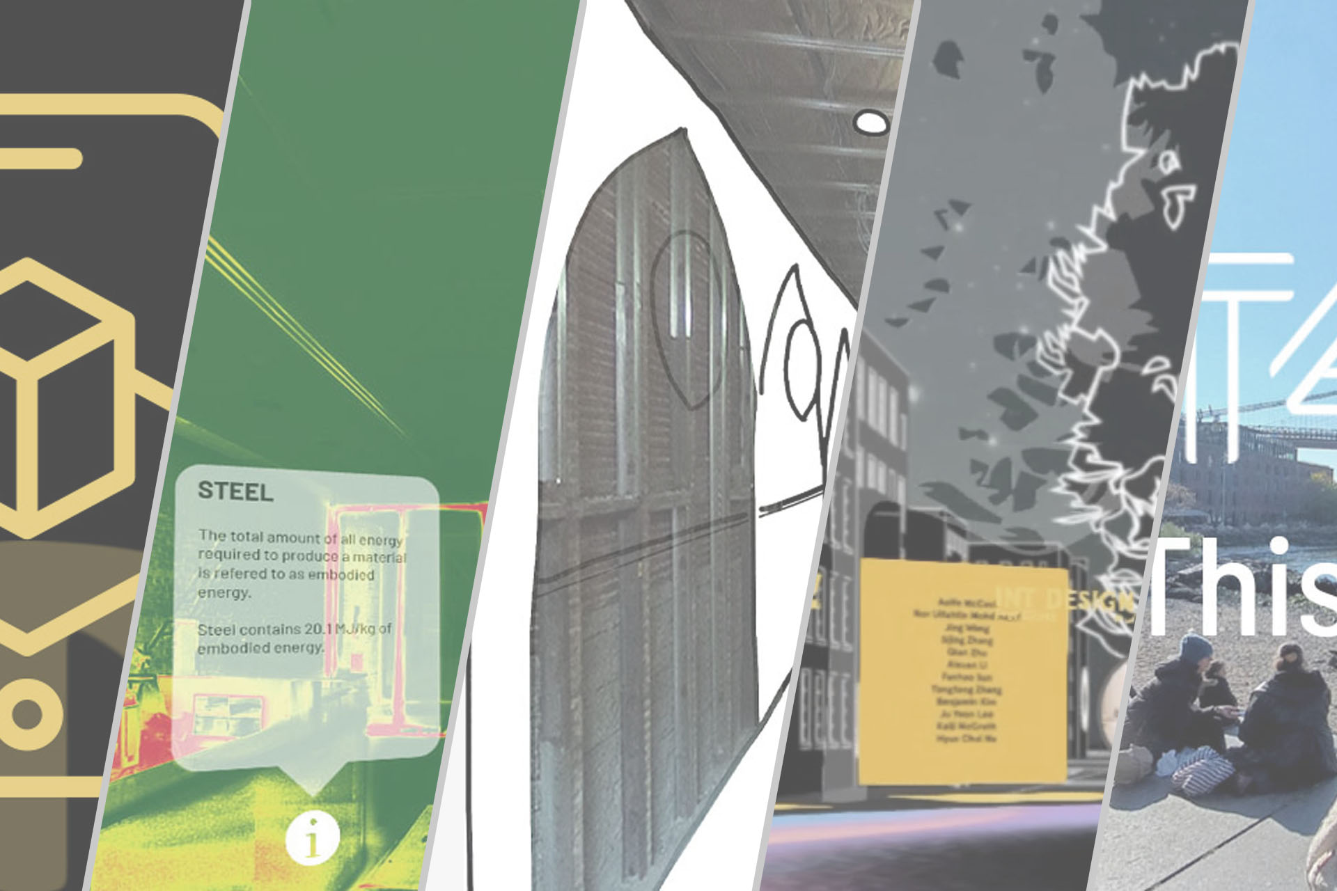 Collage showing AR/ VR interface designs, architectural visualizations, and user interactions from matterscope projects